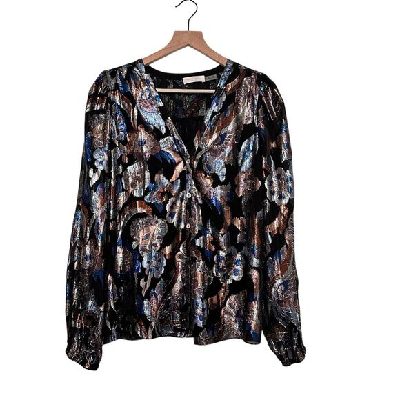 Ramy Brook S Trey Metallic Floral v neck button down Blouse - Picture 2 of 9